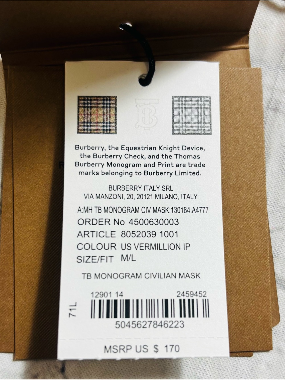 Burberry TB Monogram Print Face Mask & Drawstring Bag Logo Tan Orange White NWT - Picture 7 of 14